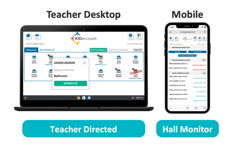 Image shows how teachers can approve a HallPass request from the teacher desktop and what the mobile Hall Monitor page looks like.